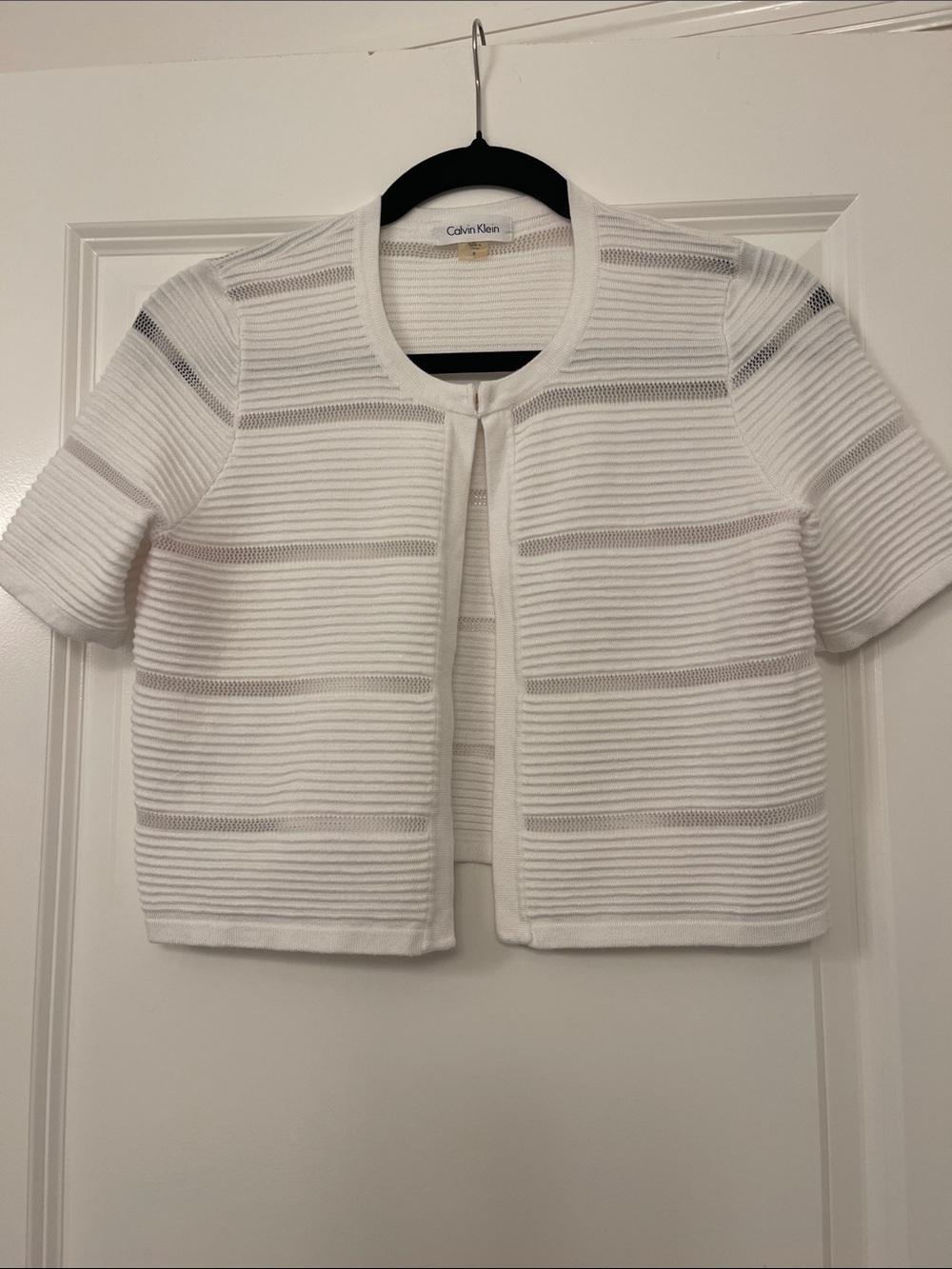 Calvin Klein White Cropped Short-Sleeve Open-Front Knit Jacket